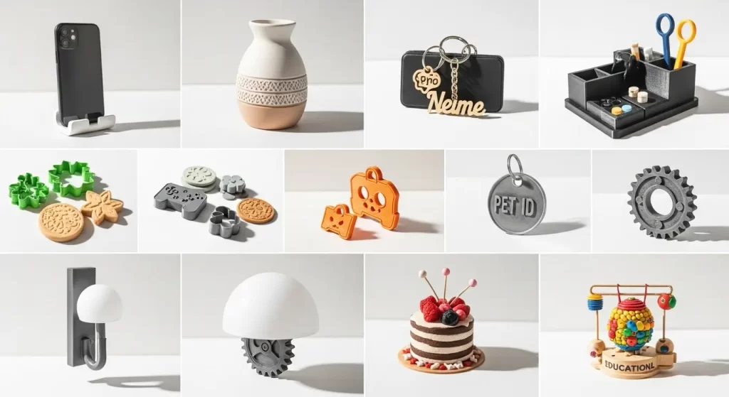 Galeria de produtos impressos em 3D lucrativos incluindo organizadores, decoração, personalizados e brinquedos